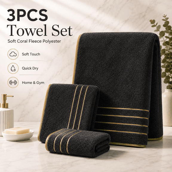 3pcs Striped Coral Fleece Bath Towels with Delicate Gold Trim, Super Soft and Highly Absorbent Towels in Mixed Colors, Sized 29*14in for Home, Spa, Gym and Hotel Daily Use, Black