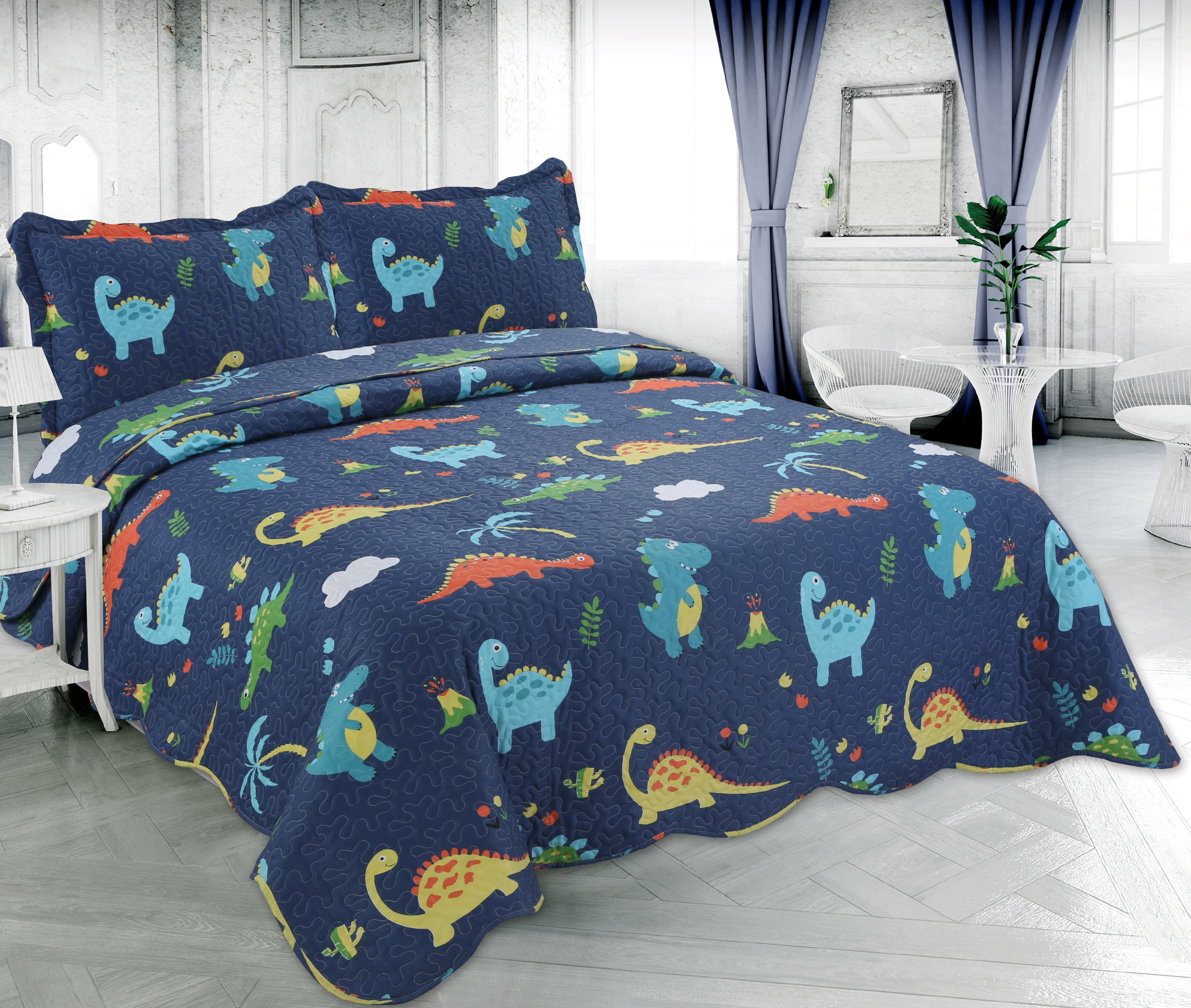 Marina Décoration Literie d'été ultra douce avec couvre-lit et taie d'oreiller matelassée, motif de dinosaures bleu marine