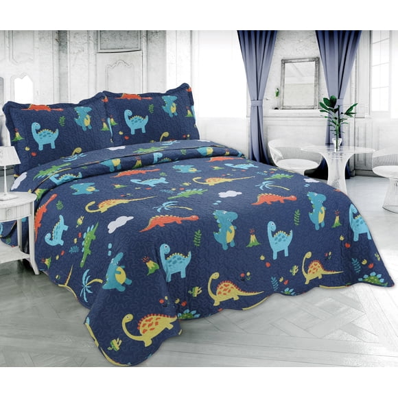 Marina Decoration Rich Printed Stitching Coverlet Bedspread Ultra Soft Summer Bedding Quilt Set with Quilted Sham, Dinosaur Zoo with Navy Blue Pattern