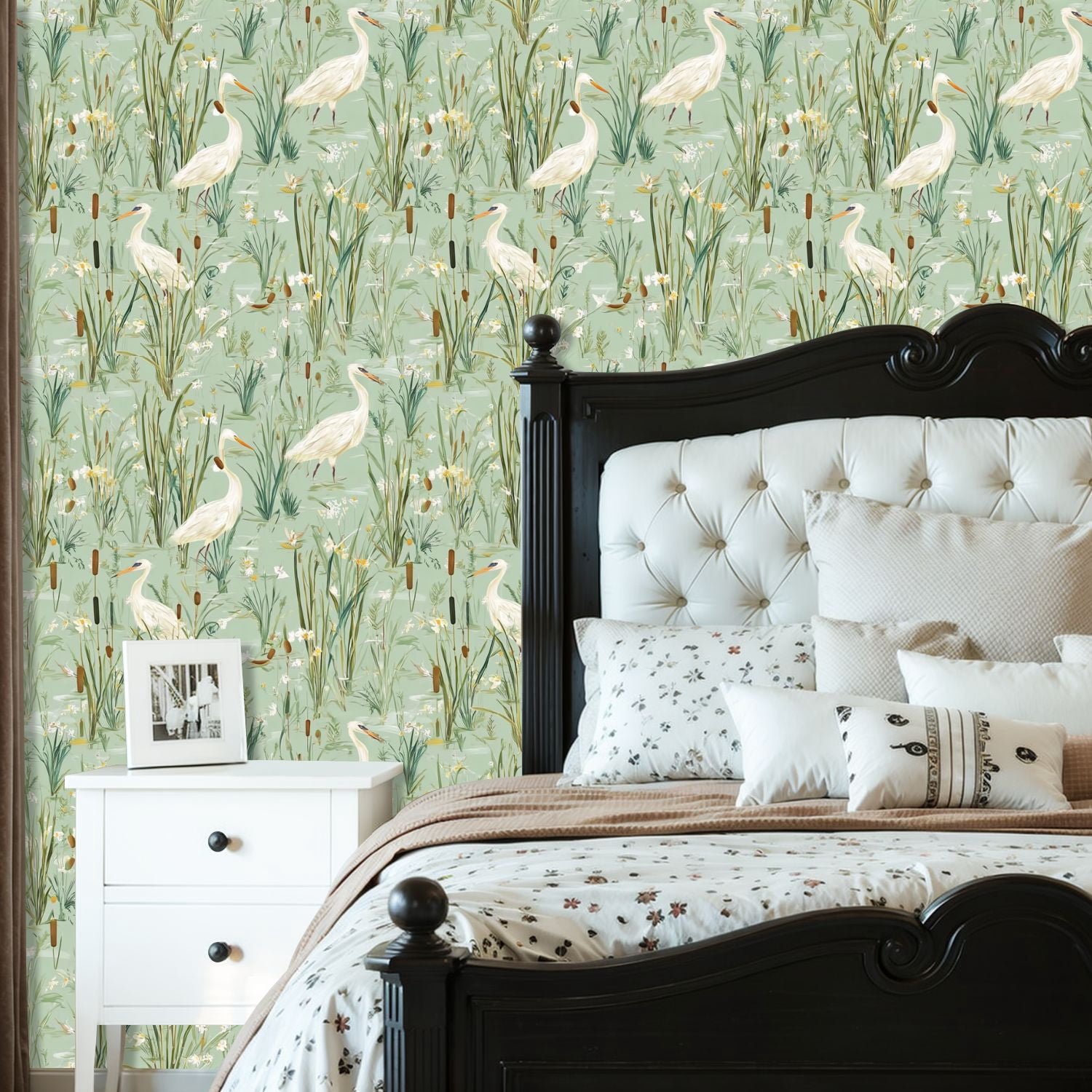 Vintage Peel and Stick Wallpaper Herons Marshland Cattails Wildflowers Green Wall Mural 23.6in x 9.8ft Self Adhesive Removable Wall Paper Renter Friendly Wallpaper for Nursery Bedroom Cabinets
