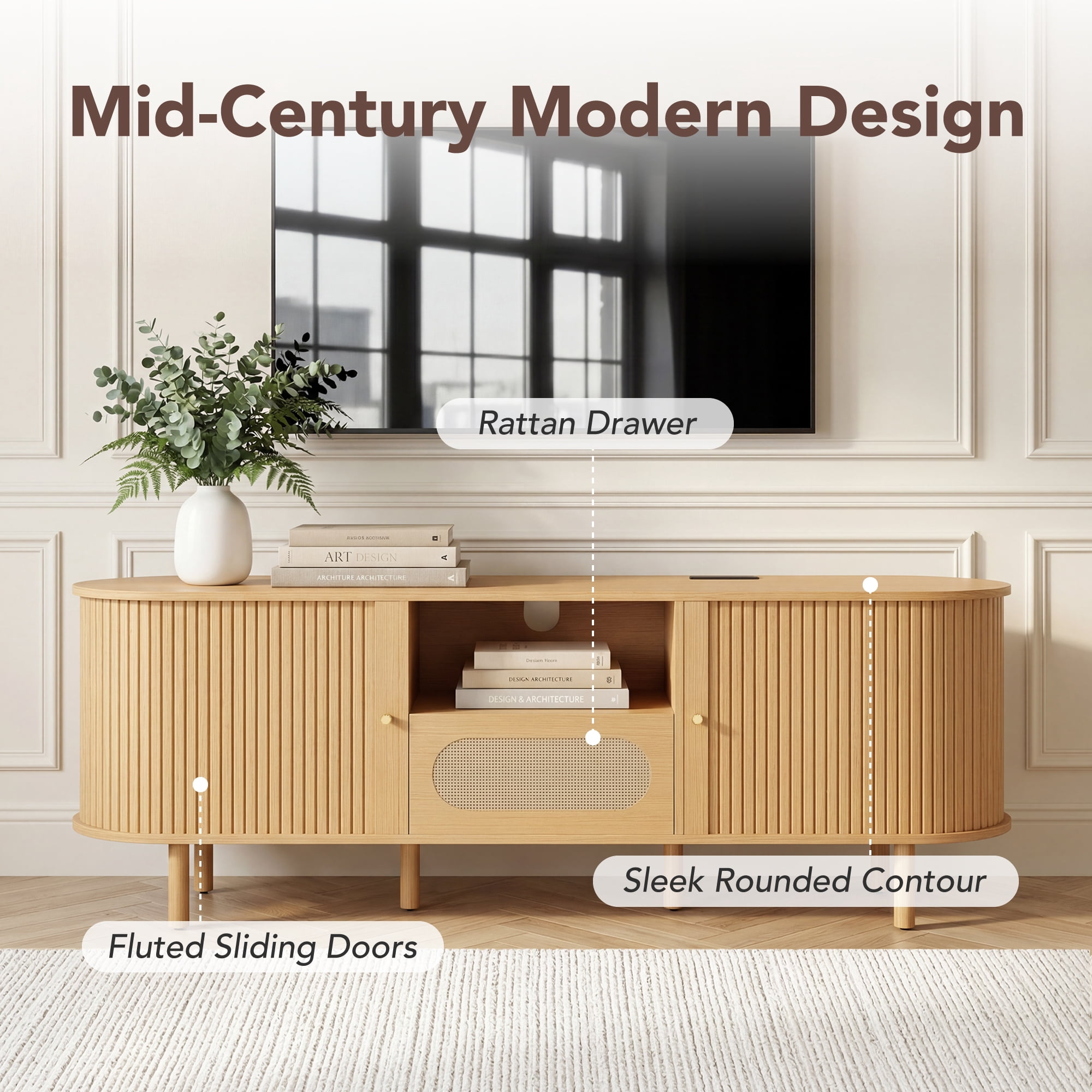 Spruce & Spring Tambour TV Stand with Power Outlet, Mid-Century Modern Entertainment Center, Rattan Drawer & Fluted Sliding Doors, Solid Wood Legs & Cable Management, Oak, for TVs up to 70 Inch