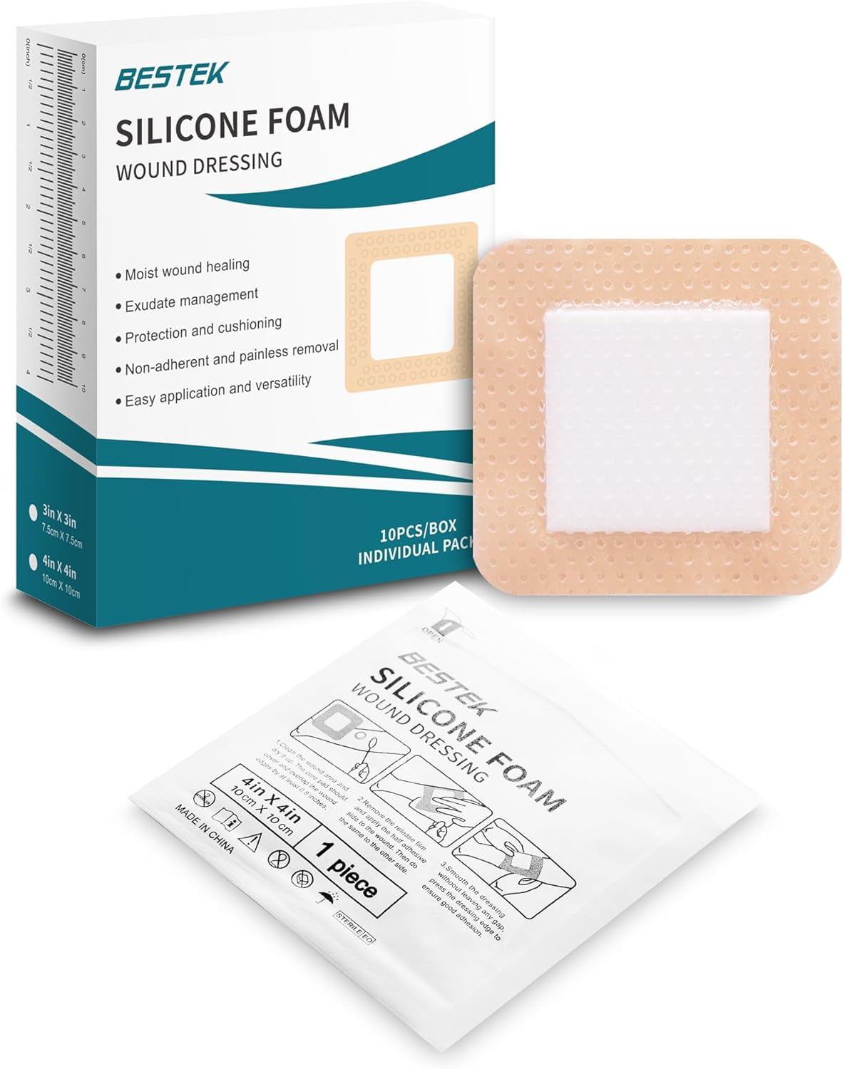 BESTEK Silicone Foam Dressing with Border Adhesive, Waterproof Wound Dressing Bandage, High Absorbency Wound Pad for Surgical Wounds, Cuts, Abrasions, Silicone Wound Bandage (3''x3'' (Pack of 40))