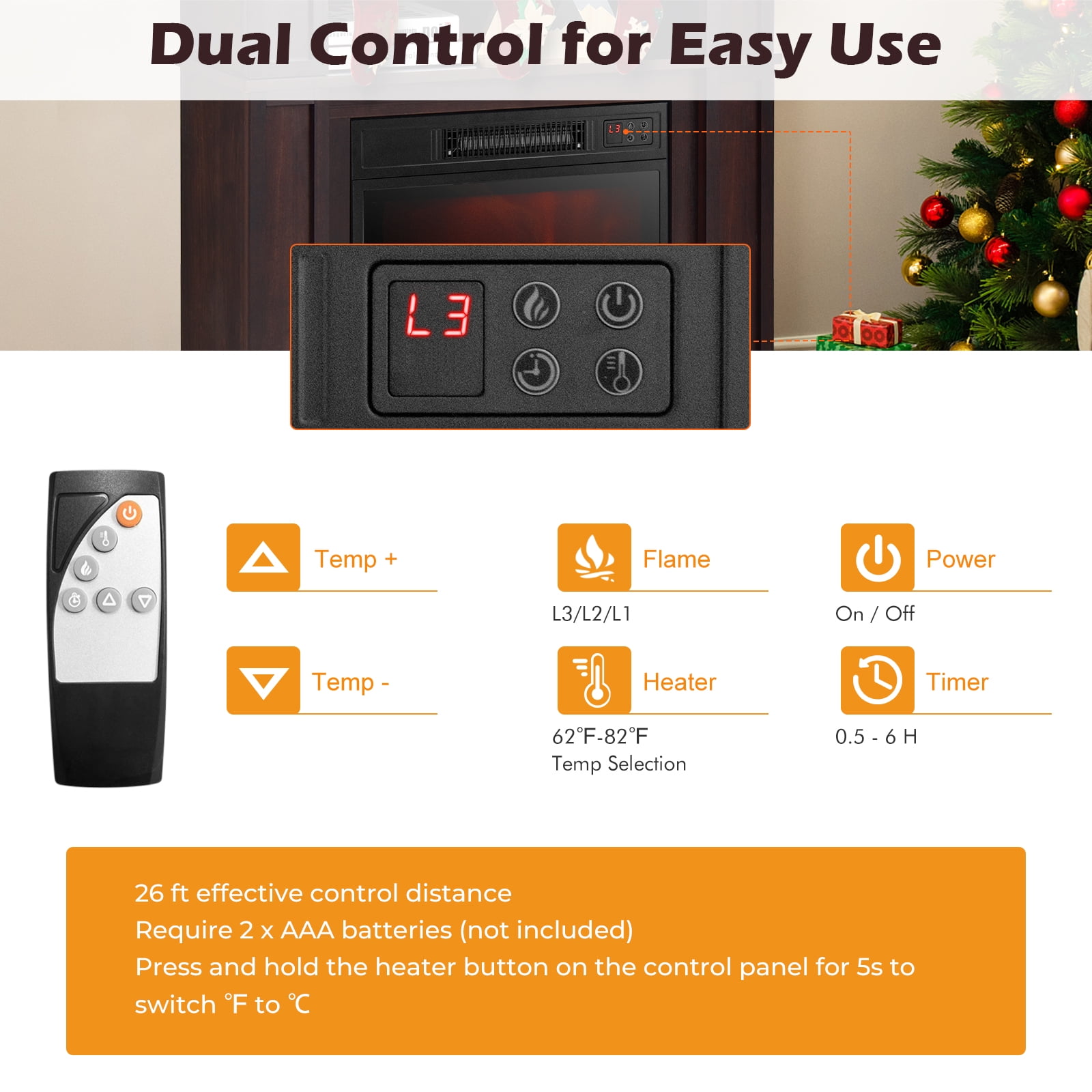 Topbuy 32" Electric Fireplace with Mantel 1400W Freestanding Heater with Remote Control & Adjustable Brightness Brown