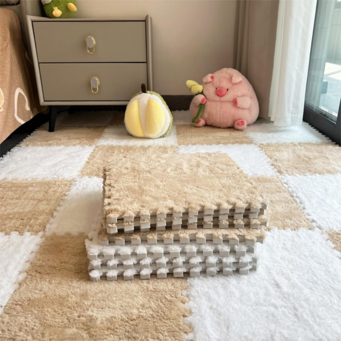 10PCS Fluffy Plush Interlocking Foam Mat Tiles, 12"x12" Thick Padded Playroom Carpet with Border, Play Mat Floor Tiles Thick Padded Squares Foam Tiles for Decor