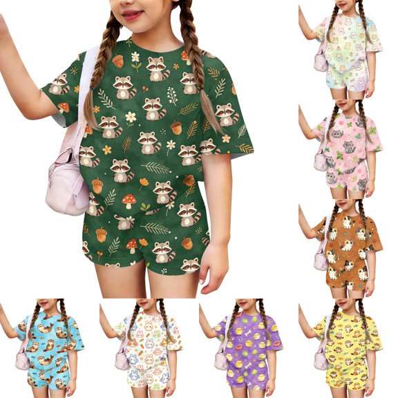 Girls' Clothing Sets Summer Outfits Size 7-8 Cute Funny Cartoon Animal Print Two Piece Outfits Lounge Set Casual Short Sleeve Tee Top and High Waist Shorts Clothing Sets Dark Green 2-3 Years