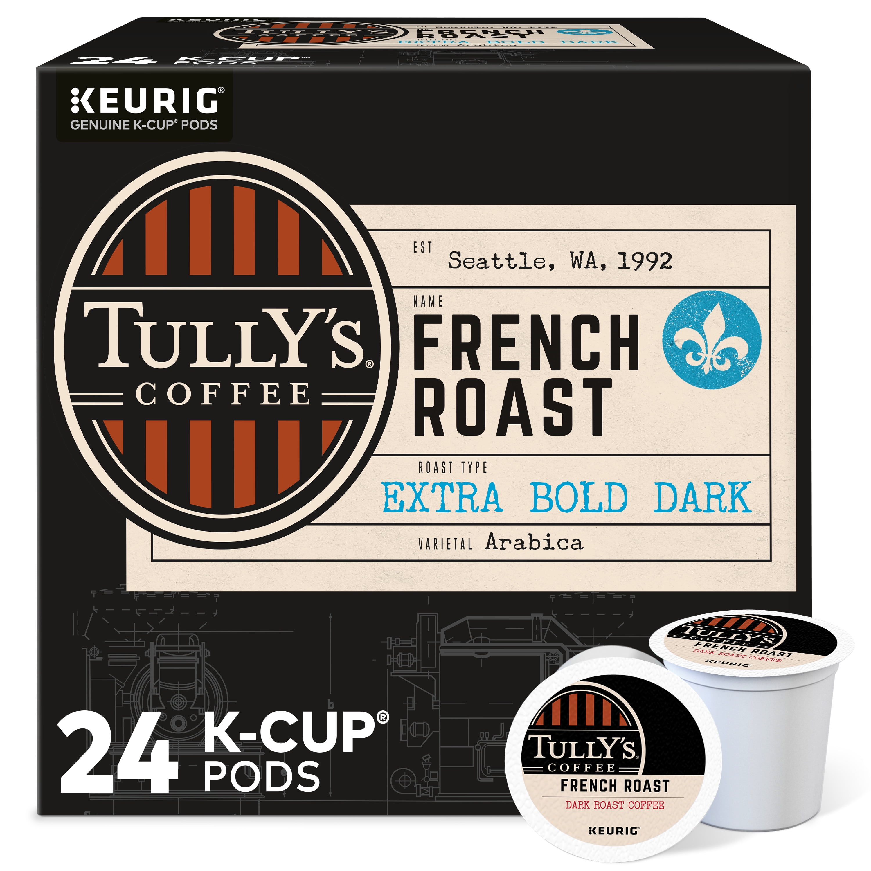 Tully's Coffee French Roast K-Cup Pods, Dark Roast, 24 Count for Keurig Brewers