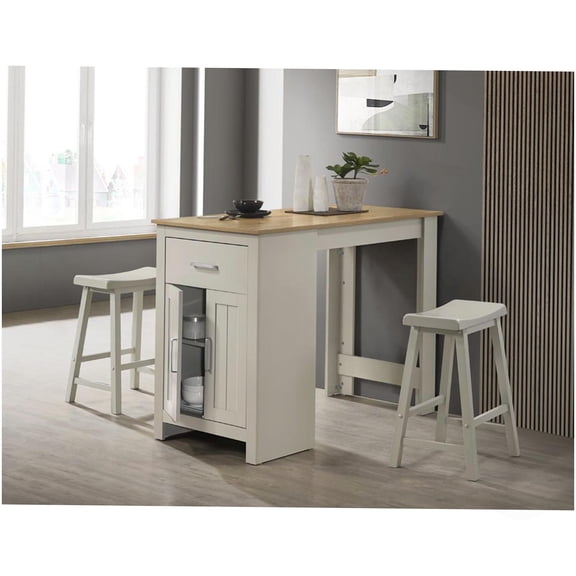 Counter Height Dining Table Set with Storage, 2 Stools - Light Gray for Kitchen, Apartment