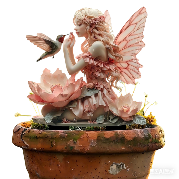 Romantic Fairy Garden Figurine - Pink Flower Fairy Interacting with Hummingbird, Outdoor Yard & Balcony Decor