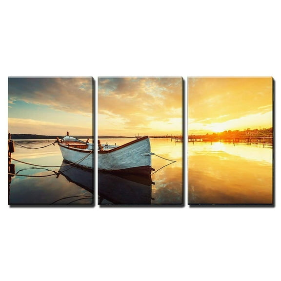 wall26 - 3 Piece Canvas Wall Art - Boat on Lake with a Reflection in The Water at Sunset - Modern Home Art Stretched and Framed Ready to Hang - 16"x24"x3 Panels