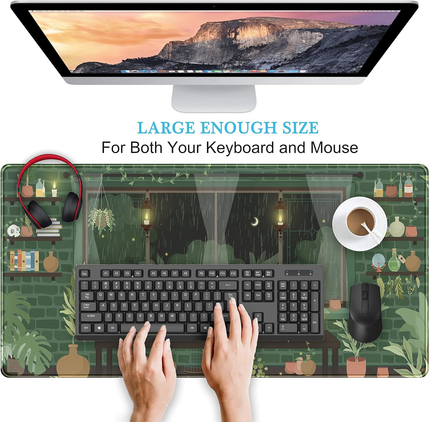 Cute Rainy Night Desk Mat Green Plants Desk Pad, Anime Black Cat Kawaii Large Gaming Mouse Pad, Moonlight Fireflies Deskmat Aesthetic Mousepad XXL, Laptop Keyboard Pad for Women Desk 31.5"x15.75"