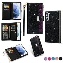 Dteck Samsung Galaxy S23 Plus/S23 Case Wallet,Bling Glitter Folio Flip PU Leather Zipper Pocket Magnetic Clasp Folding Stand Full Body Sparkle Purse Phone Case with 9 Card Holder&Strap, Black