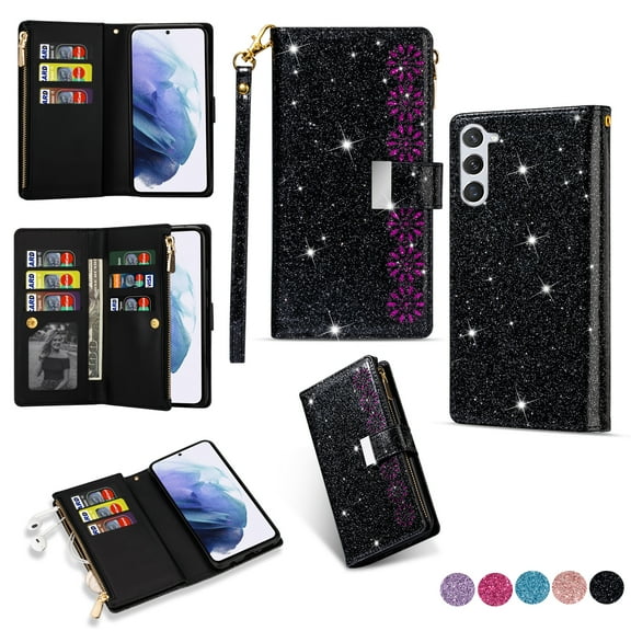 Wallet Case for Samsung Galaxy S25 , Glitter Bling Flip Folio Leather Protective Magnetic Stand Zipper Purse Phone Cover with 9 Card Slot Holder Wrist Strap for Women, Black