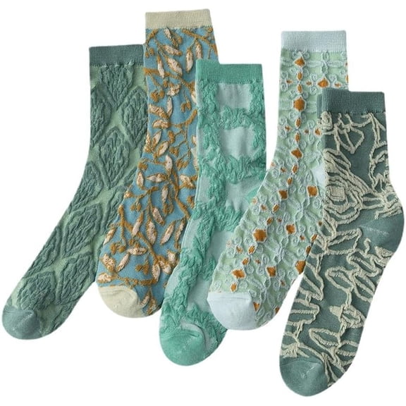CoCozhu 5 Pairs Charming Vintage Embroidered Floral Crew Socks for Women - Combed Cotton Elegance Size5-8