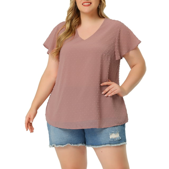 Blusa de verano para mujer de tallas grandes Agnes Orinda, con cuello en V, mangas acampanadas y puntos suizos, 4X, color rosa