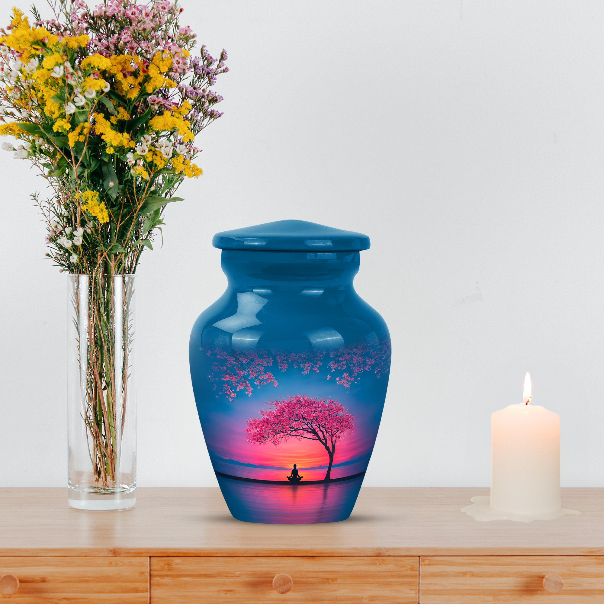 MUKTIVE Cherry Blossom Funeral Urns for Ashes Adult Man, Keepsake Blue Memorial Urn for Ashes for Women, Meditation Burial Urns for Adult Male, Sunrise Cremation Urn, 3 Inch