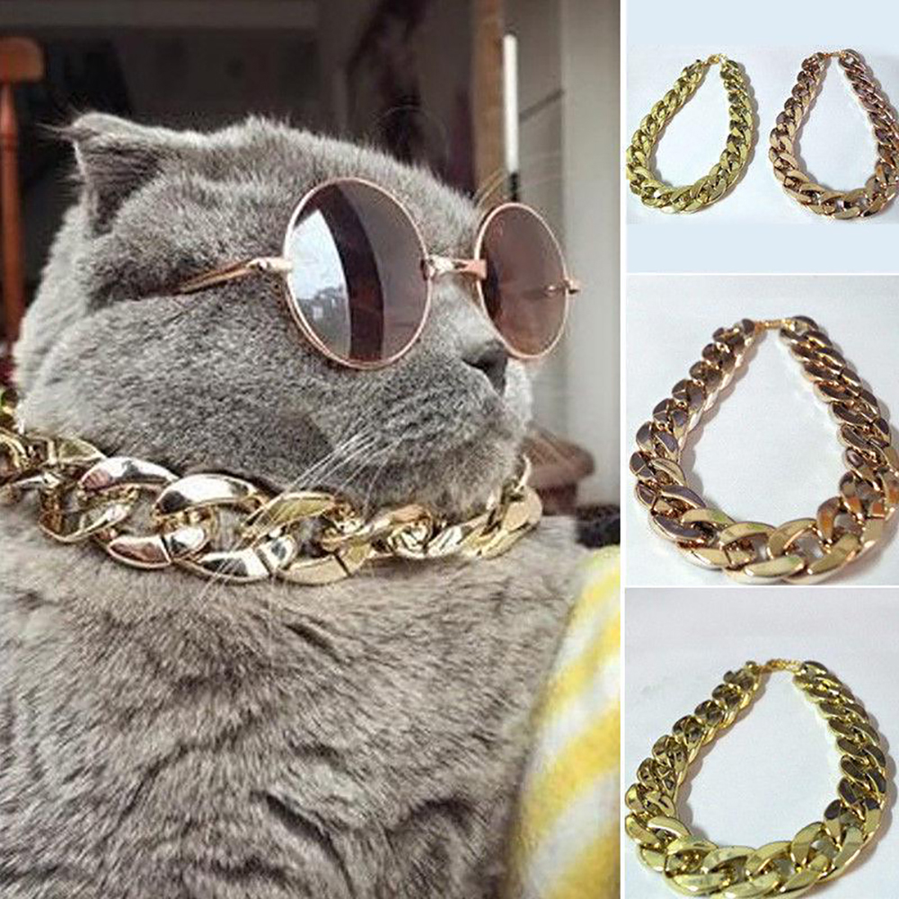 Flmtop 36cm/45cm Adjustable Dog Cat Punk Chain Collar Lead Wide Necklace Pet Accessory Golden
