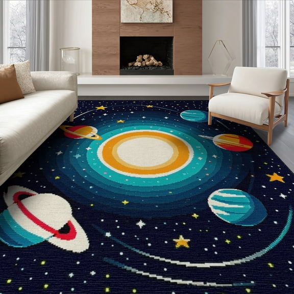 ODIKA 8'x10' Washable Area Rug Durable, Non-Slip Playroom Rocket Galaxy Motifs Science Theme Classroom Themed for Living Room, Under Sectional, Family