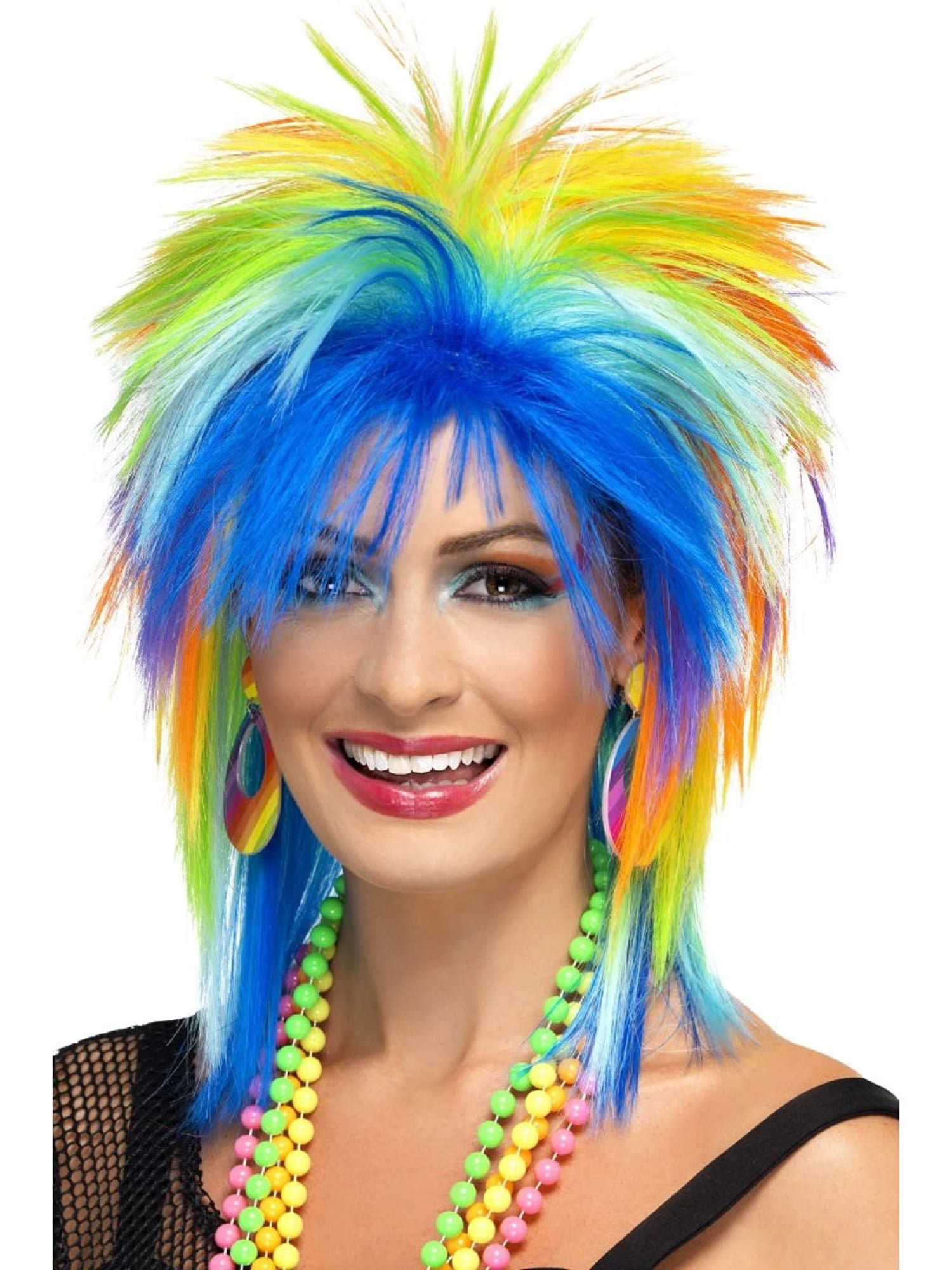 Glam Rainbow Wig Ladies 80s Rocker Fancy Dress Costume Accessory Pride Wig 