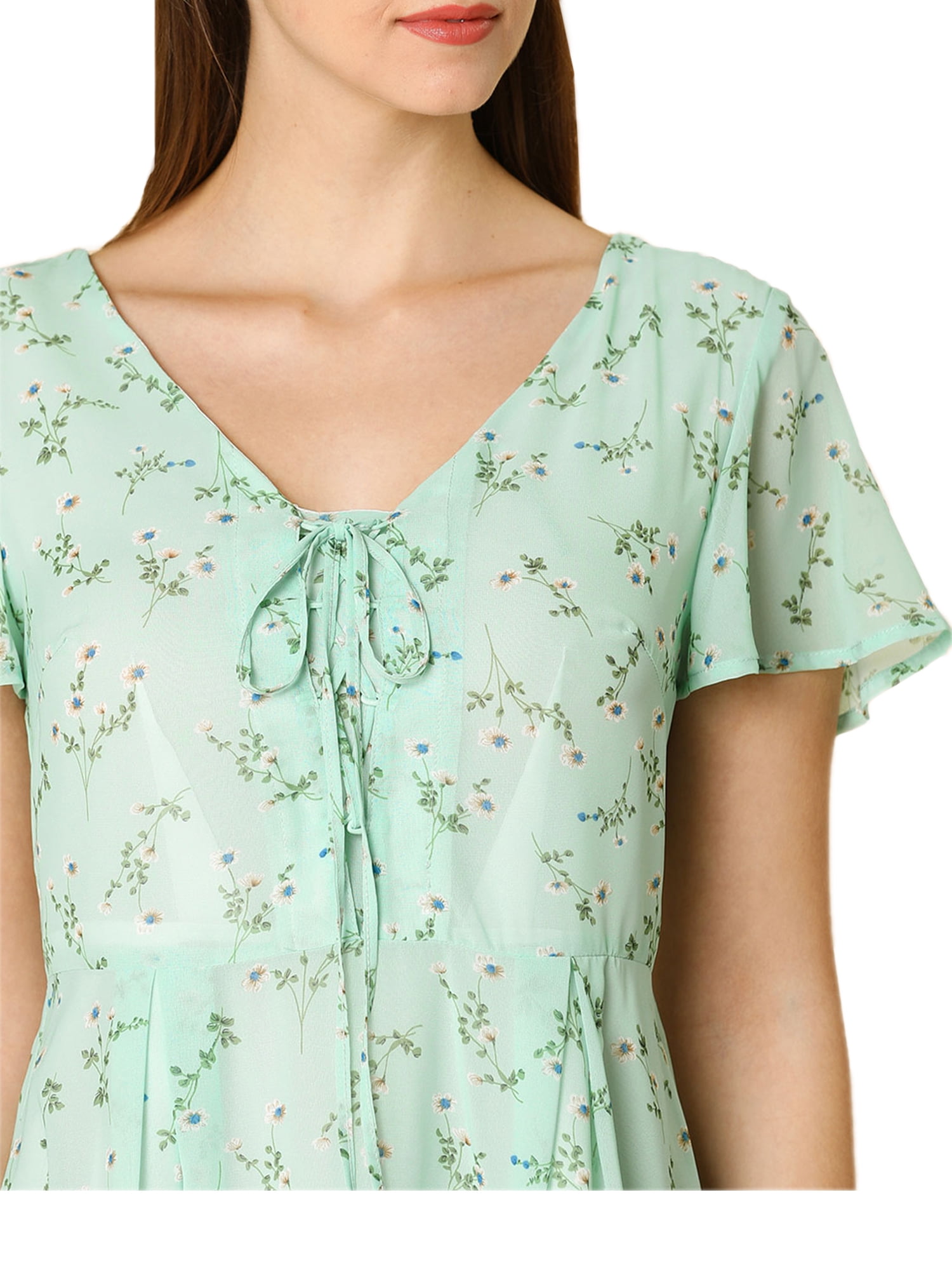 DARING DIVA Floral Flouncing Sleeve V Neck A-Line Chiffon Dress  S Green