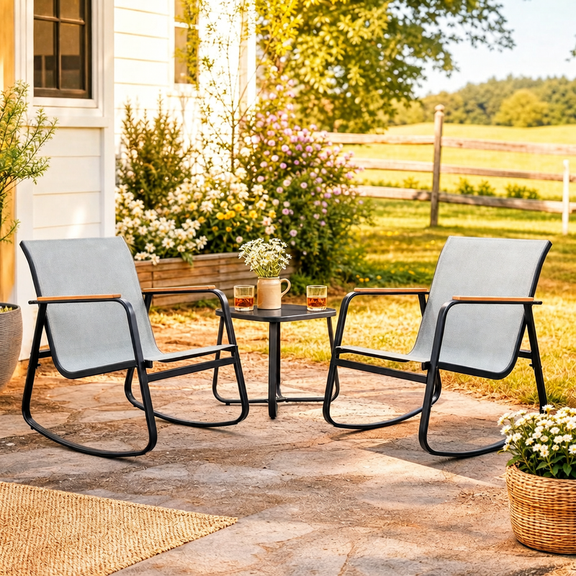 Aiho 3-Piece Outdoor Rocking Patio Set with Coffee Table, for Porch, Garden, Backyard - Grey