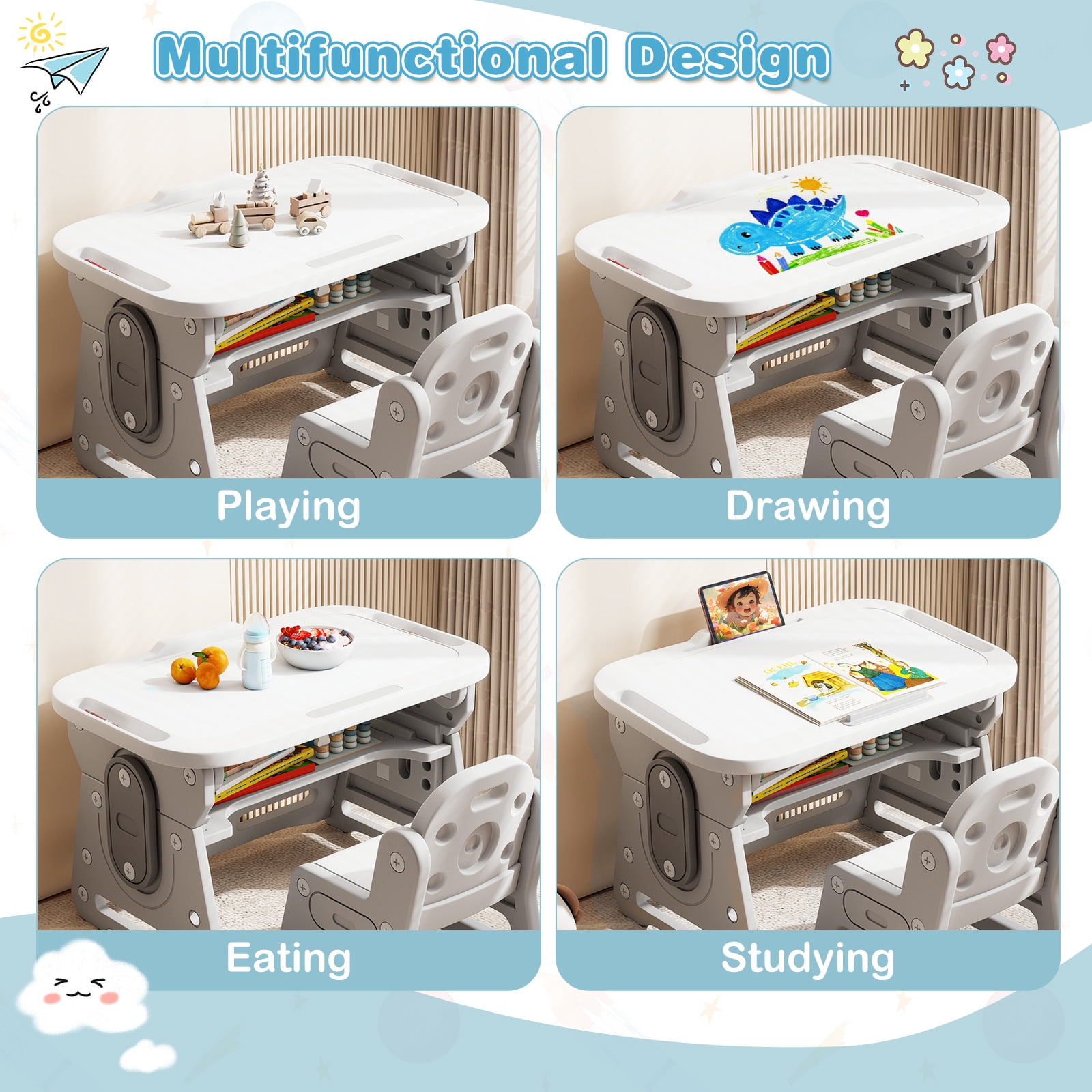 Gymax Kids Table & Chair Set Height Adjustable Toddler Drawing Table w/ Book Stand