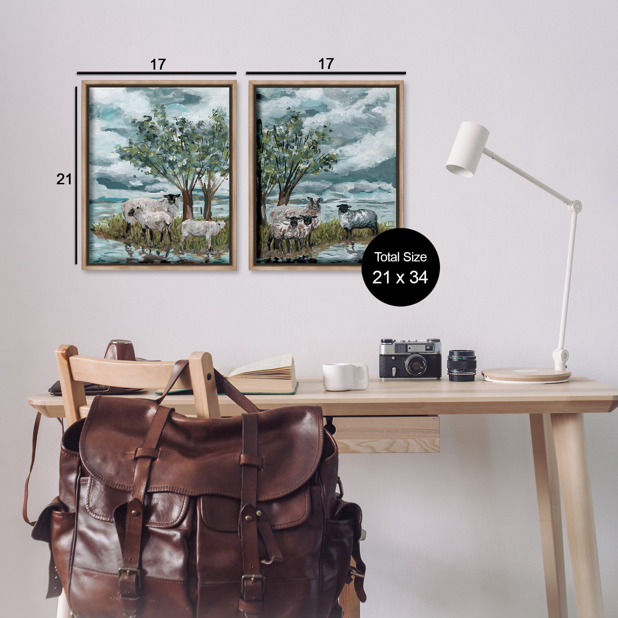 Stupell Industries Sheep in Field Landscape & Nature Painting Brown Floater Framed Canvas Art Print Wall Art, 17 x 21, Set of 2