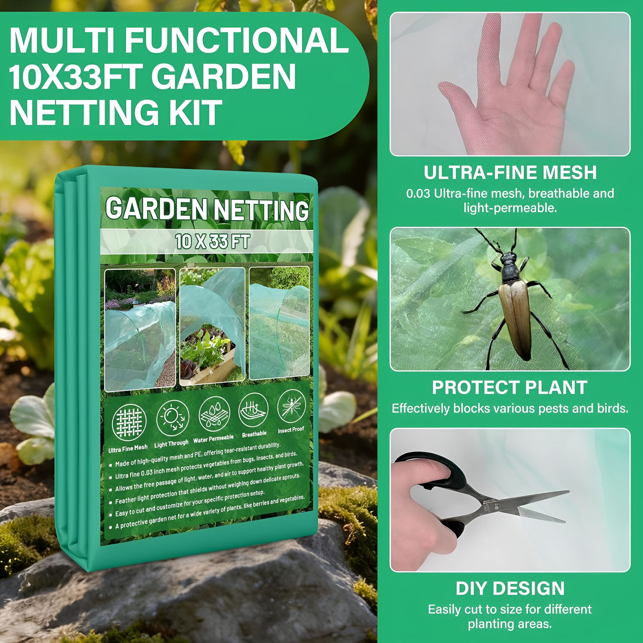XIBUFE Garden Mesh Netting Kit for Raised Beds,10X33Ft Ultra Fine Mesh Netting&6 Sets 8Ft Fiberglass Garden Hoops,Insect Netting Row Cover,Pest Barrier Protection for Vegetable Fruits Flowers