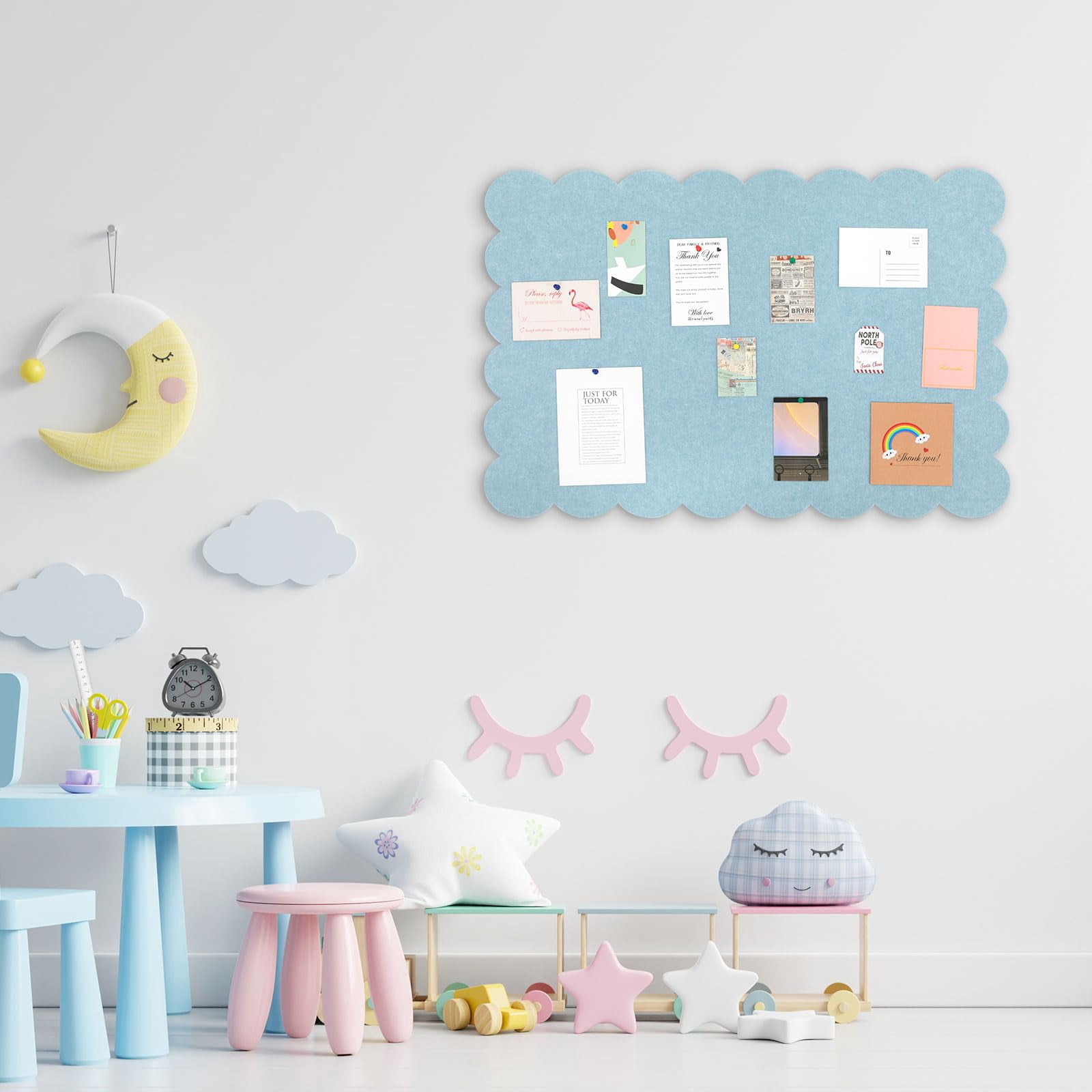 Scalloped Felt Bulletin Board 24 X 18 Inches Foldable Light Blue Pin Cork Alternative For Wall  2' 1.5' Trifold Picture Vision Self Adhesive Decorative