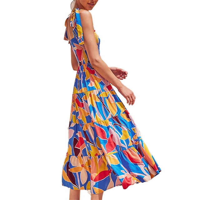 Strappy Dress, Polyester Fabric Summer Long Skirt Elastic Bust Machine Washable For Streetwear For Beach Party Yellow S