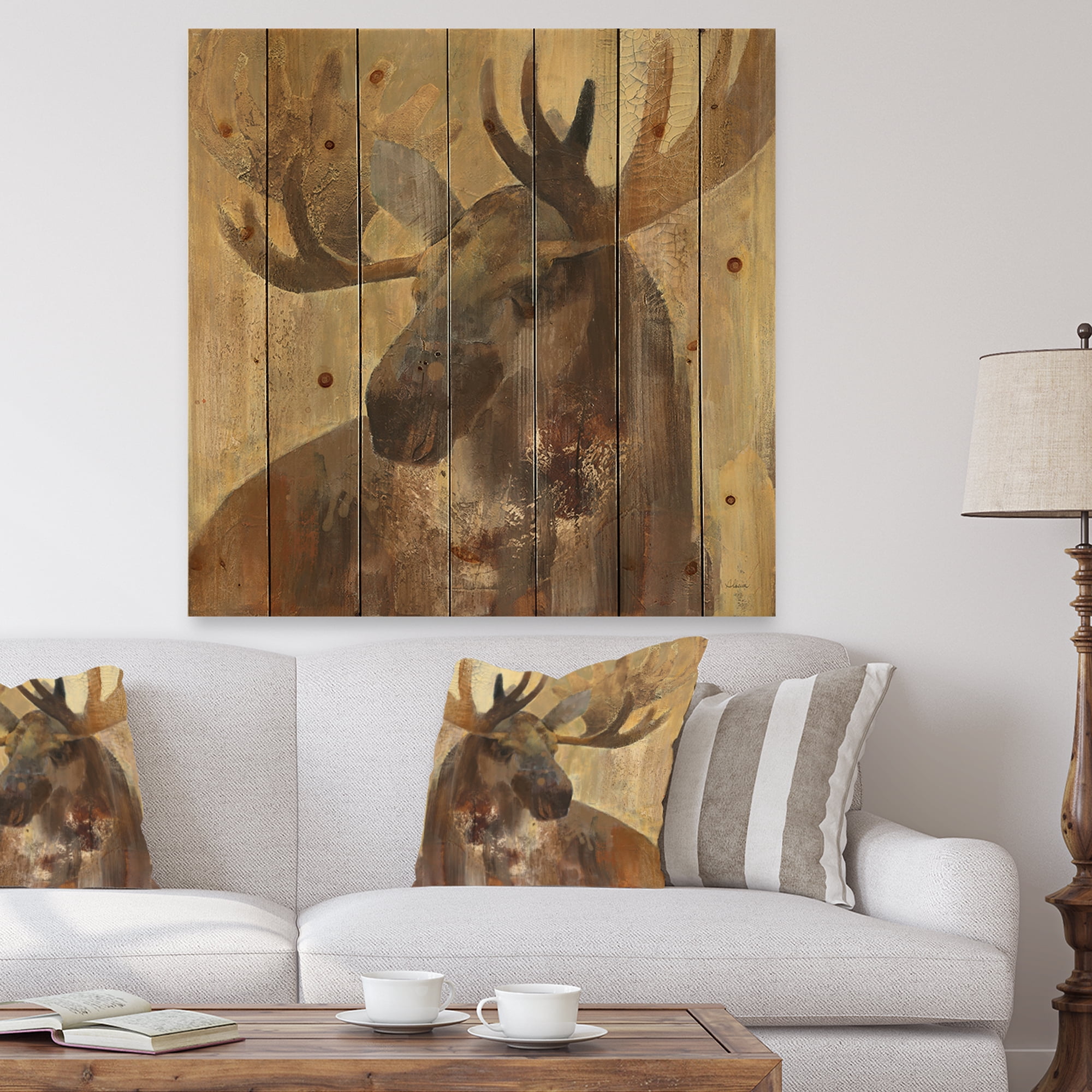 Designart 'Abstract Into the Wild Gold Moose' Farmhouse Print on Natural Pine Wood