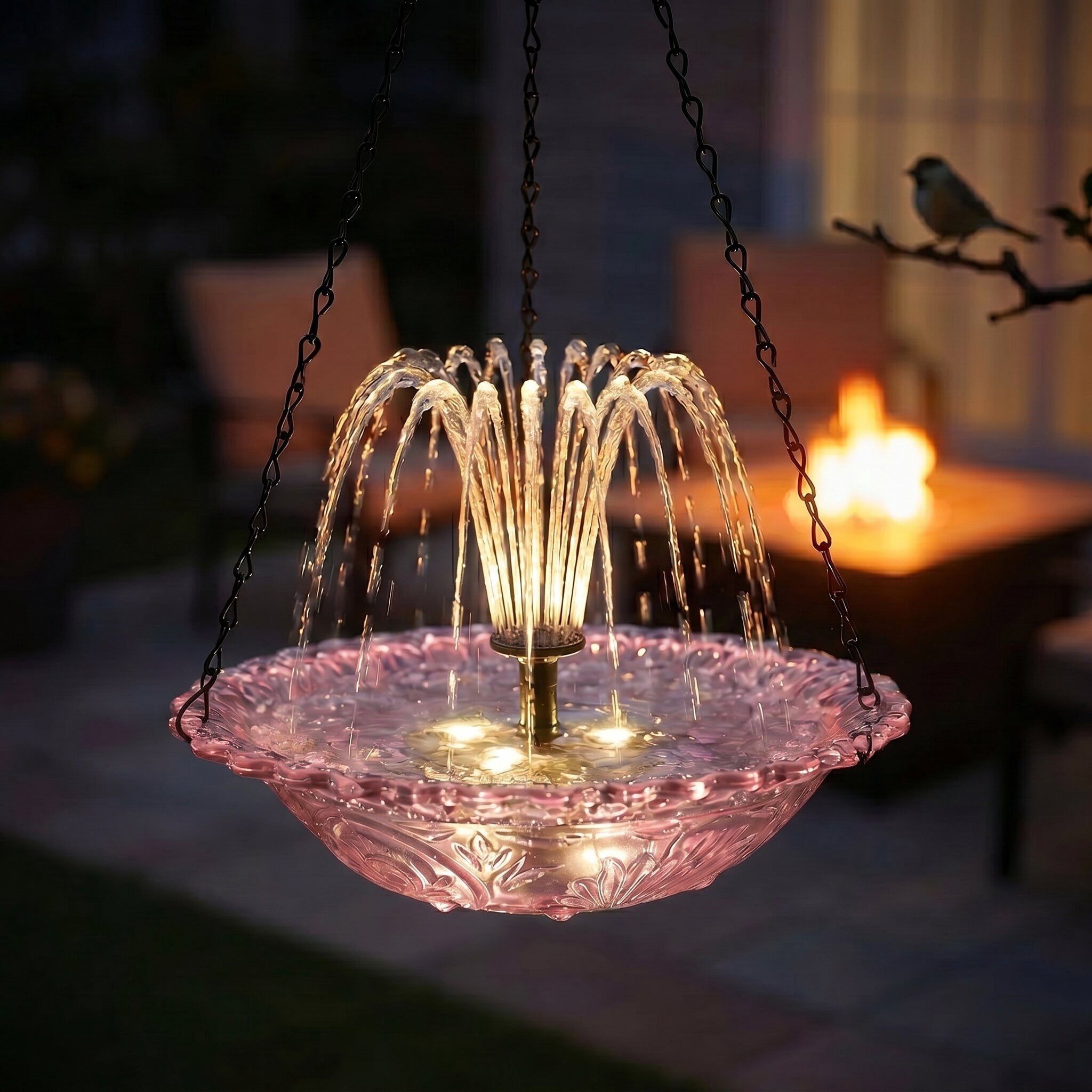 Fuebueo Solar Powered Hanging Bird Bath with Floating Fountain, Durable Birdbath for Outdoor Garden Decor, Hummingbird Bath with Solar Water Pump, Red