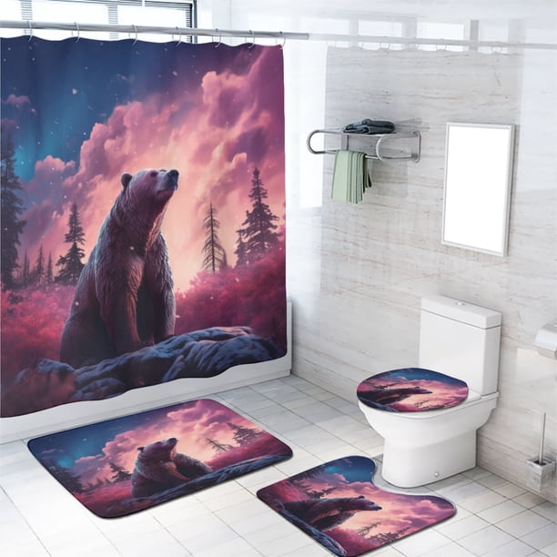 Juego de 4 cortinas de ducha con diseño de bosque de auroras boreales, diseño divertido de oso polar, cabaña nevada de invierno, cortina de baño para baño, tela impermeable, juego de decoración para