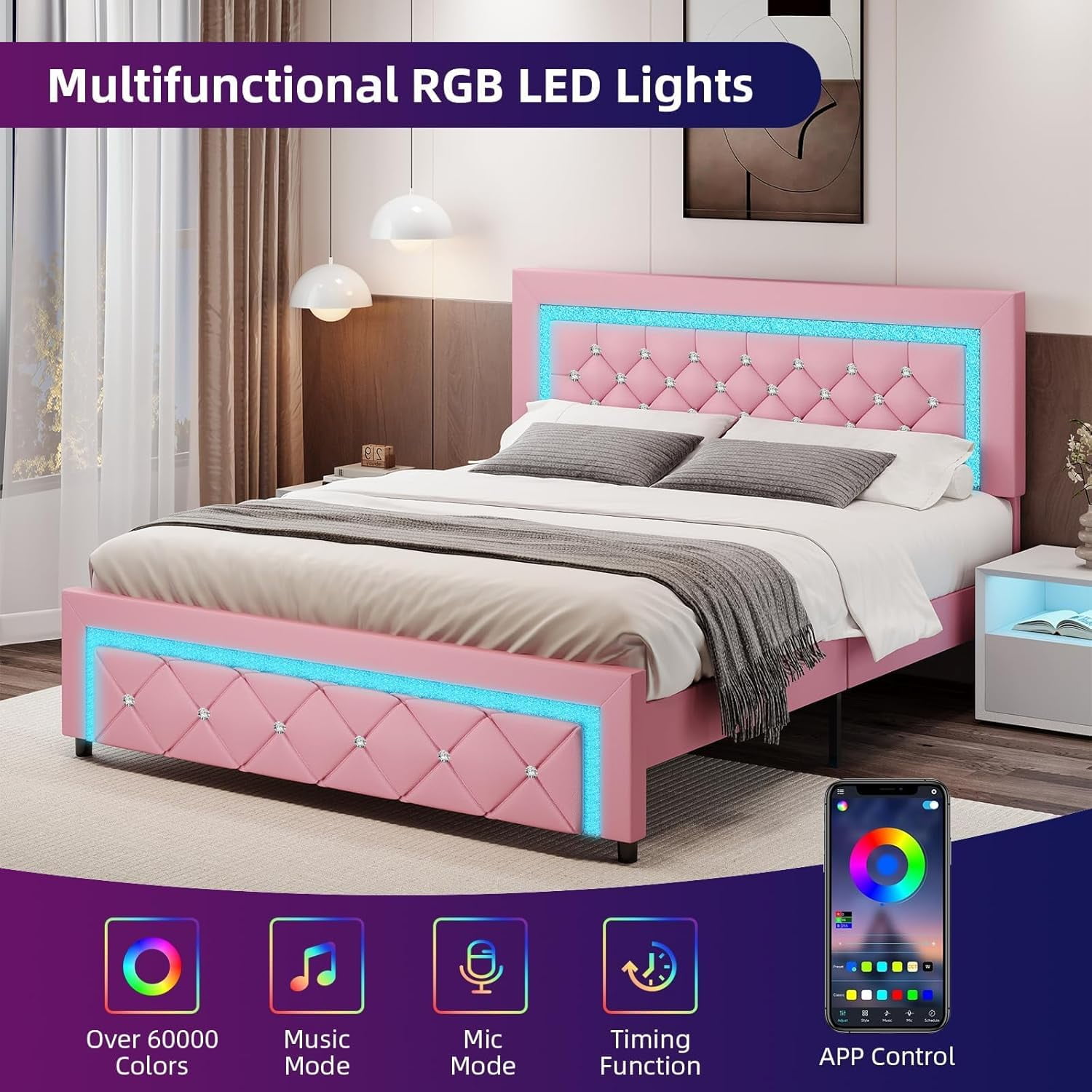 4 EVER WINNER Queen Size LED Bed Frame with Headboard，Upholstered Platform Bed Frame with LED Lights，Diamond Tufted Headboard and Footboard，Pink