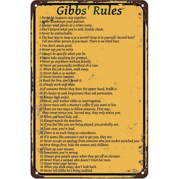 Vintage Gibbs Rules Tin Sign Wall Decor,Never Let Suspects Stay Together Retro Poster Tin Painting for Home Garden Bars Cafes Office Store Club Man Cave Decor 12 X 8 Inch