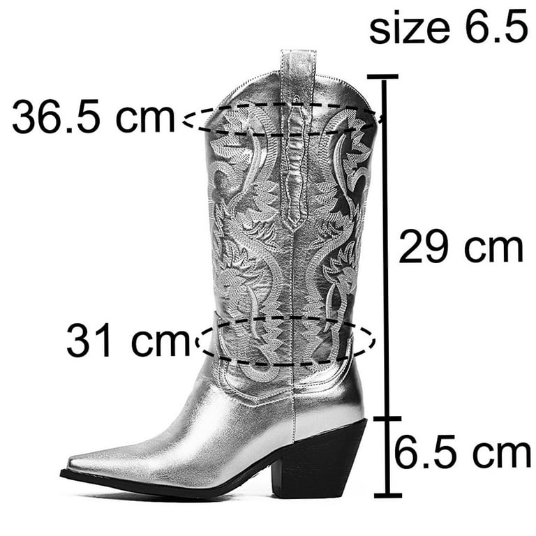 SaraIris Cowboy Boots Women's Silver Cowgirls Western Boots Square Heel  Pointed Toe Vintage Retro Shoes