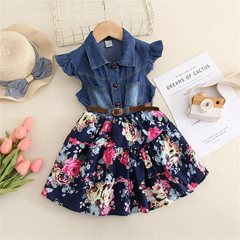 LUOGENLI Girls Dresses Size 5 6 Years Old Girls Dress Floral Denim Skirt Girls Fashion Dress Children s Dress Children s Clothing Girls Skirts Size