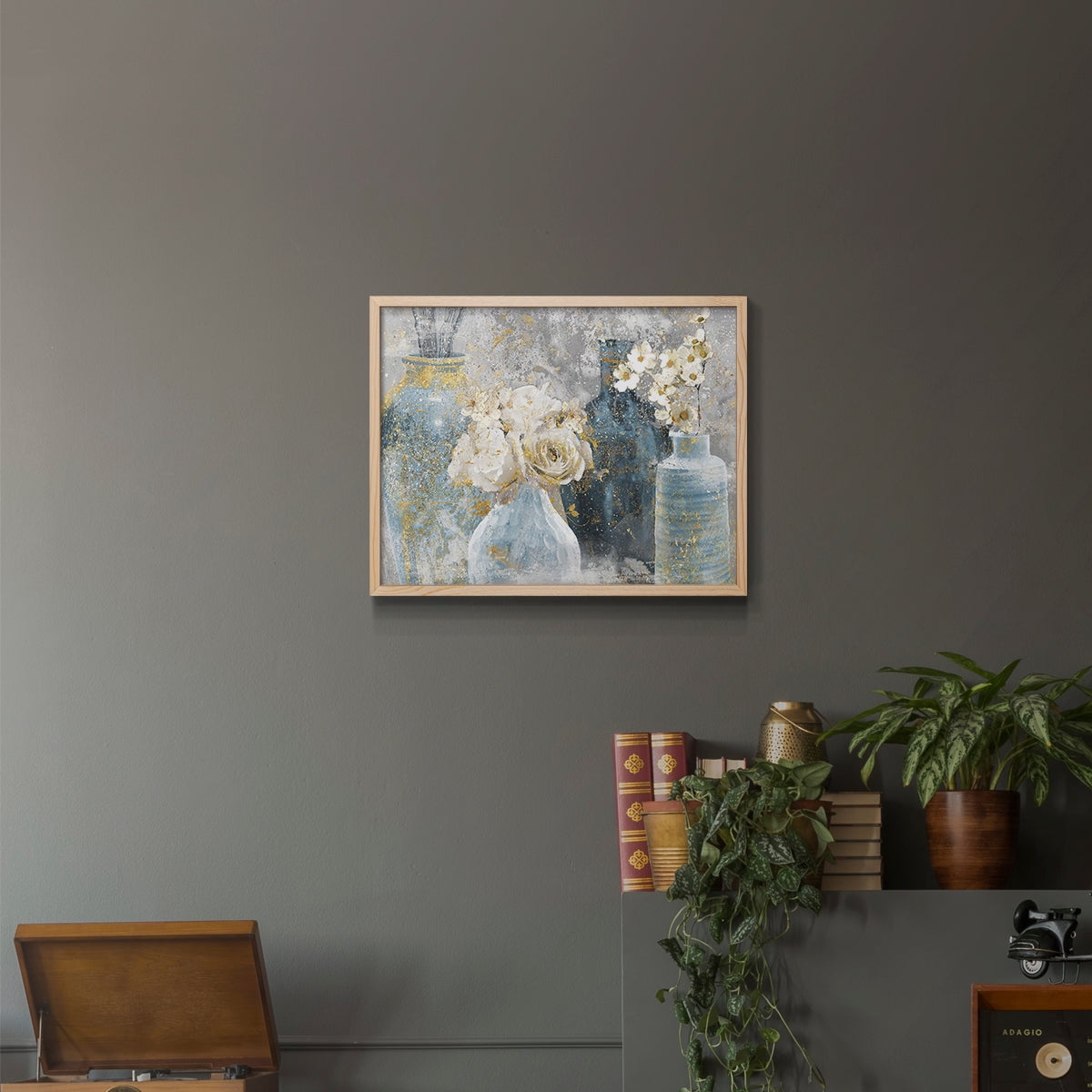 Vessels and Blooms Blues by Nan - Restickable Framed Giclée Print