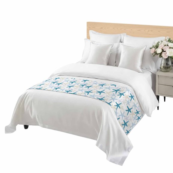 Summer Ocean Starfish Bed Runner King Size Nautical Sea Watercolor Green Blue Starfish Soft Bed Scarf for Foot of Bed, Decorative Bedding Scarf Protection for Hotel Home Bedroom 94 x 20 Inch