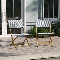 Emma   Oliver Set of Two Indoor/Outdoor Foldable Bistro Chairs with Navy/White PE Rattan Seats and Backs & Natural Metal Frames