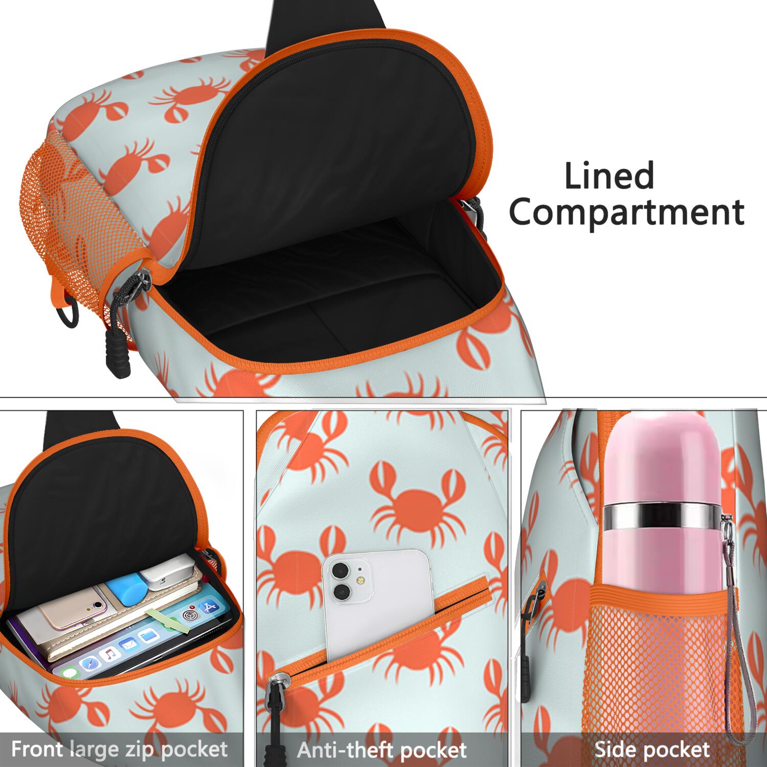 Sea Life Sling Bag - Cute Cartoon Crab Crossbody Shoulder Backpack, Durable & Comfortable for Hiking, Climbing, Traveling - Watercolor Crab Design for Outdoor Adventures & Casual Urban Use