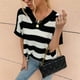thumbnail image 2 of Prendas de punto Suéter de punto informal de moda con rayas y cuello en V de manga corta para mujer Negro L, 2 of 5