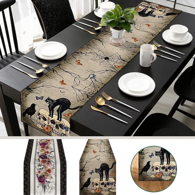 Fiudx Mantel de Halloween, Diseño de Calavera Gótica, Estampado de Rosas Del Día de Muertos, Decoración Espeluznante para El Hogar, Decoración de Mesa para 4-6 Personas, Tela de Lino, Tamaño 33 X 183