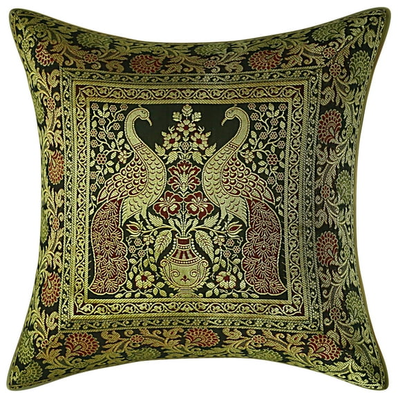 Stylo Culture Ethnic Bohemian Brocade Black And Gold Throw Pillow Covers 16x16 Jacquard Weave Banarsi Thanksgiving Pillow Covers Peacock Floral 40x40 cm Decorative Cushion Covers (1 Pc)