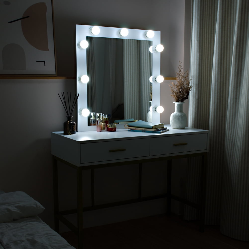 Lowestbes Dimmable Lights Makeup Table, Vanity Table with Single Mirror and Two Drawer Lowestbes Dimmable Lights Makeup Table, Vanity Table with Single Mirror and Two Drawer