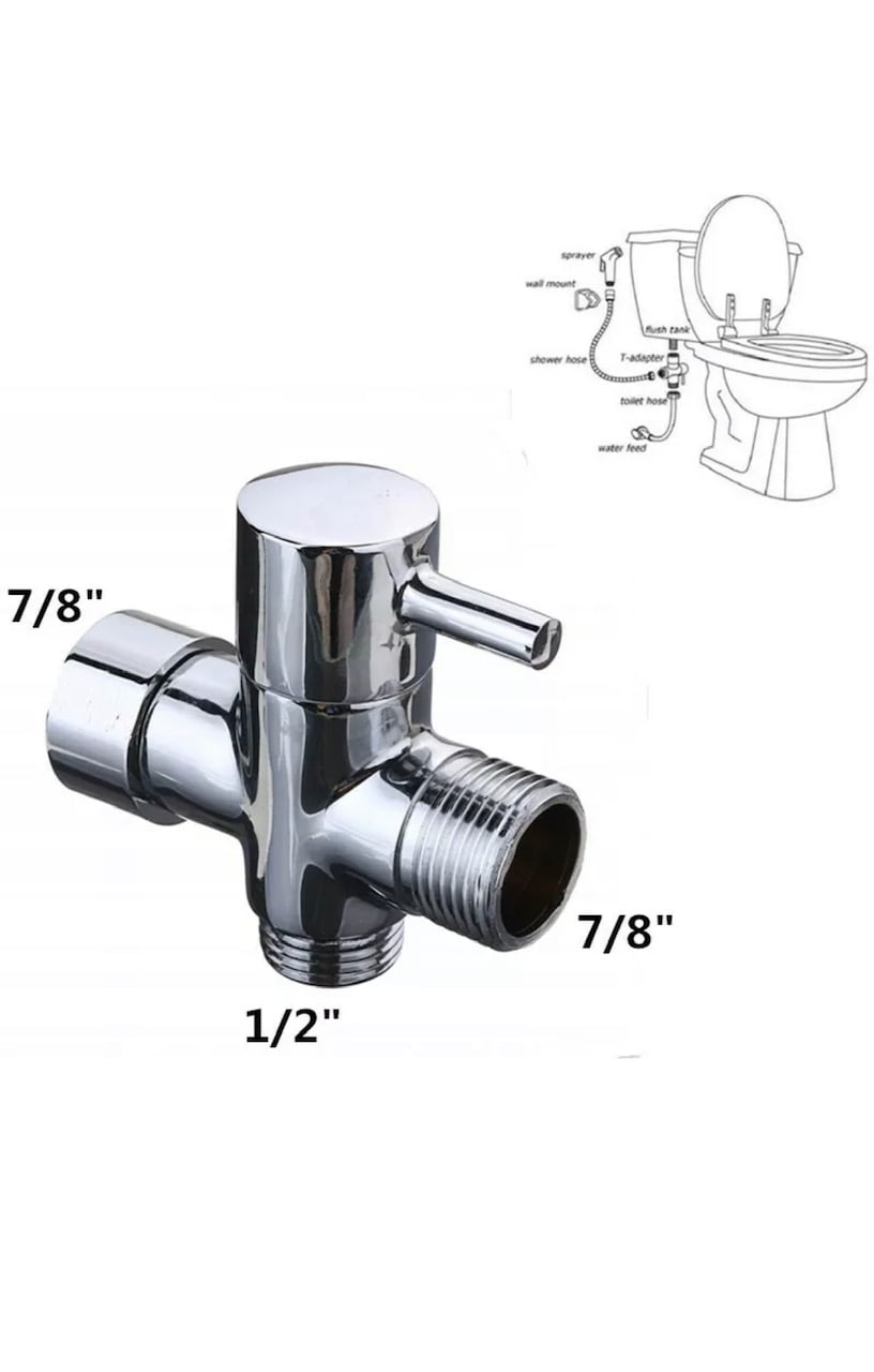Metal T-adapter with Shut-off Valve, 3-way Tee Connector Chrome Finish Handheld Bidet Brass