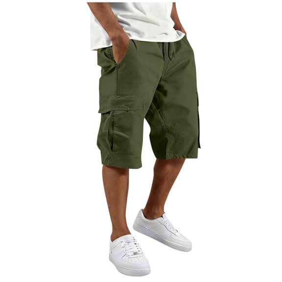 BFHHYA Mens Cargo Capri Pants Casual Drawstring Elastic Waist Pants Fashion Solid Cargo Pants with Multi Pockets