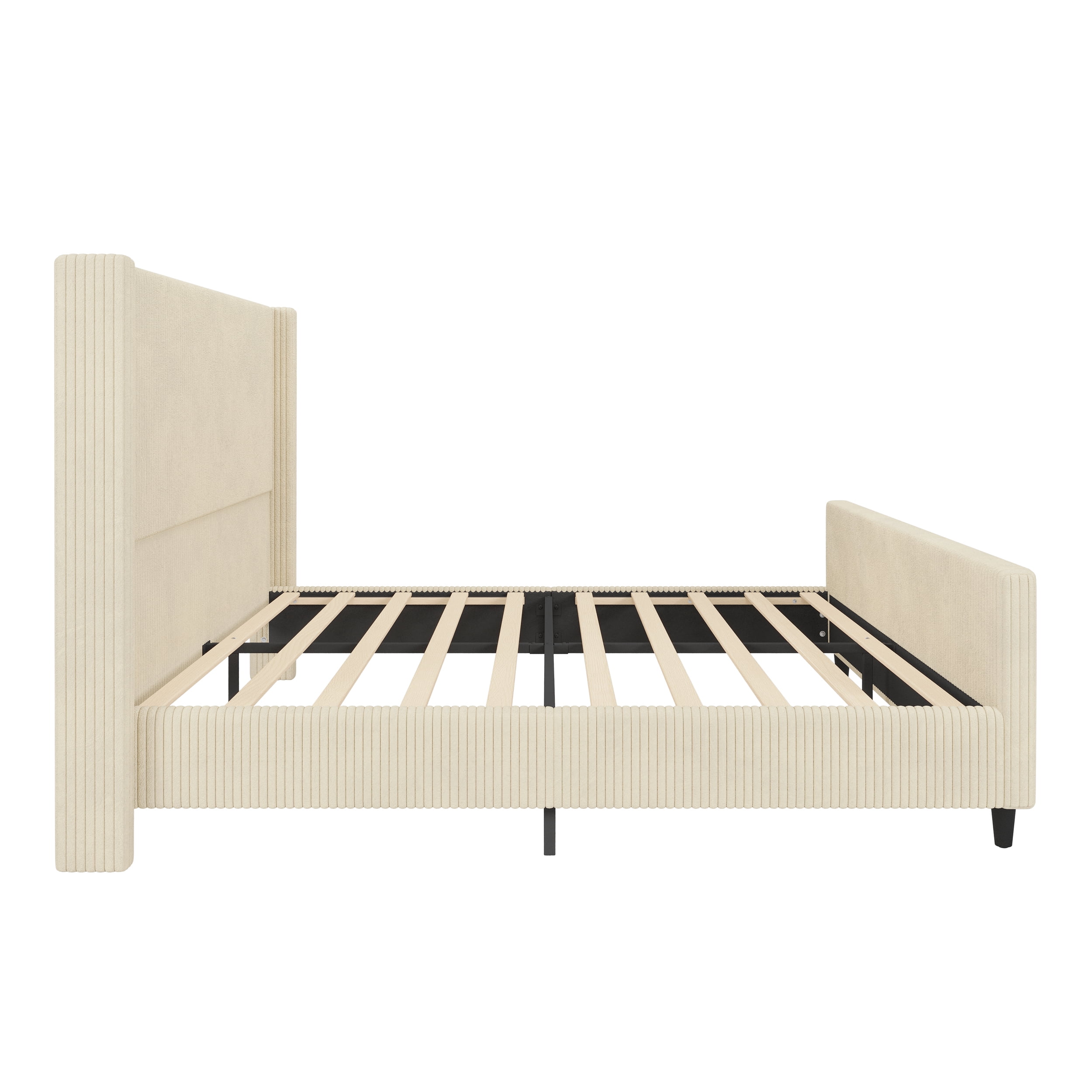 Euroco Corduroy Upholstered King Size Platform Bed with Vertical Stripe Wingback Headboard, Cream