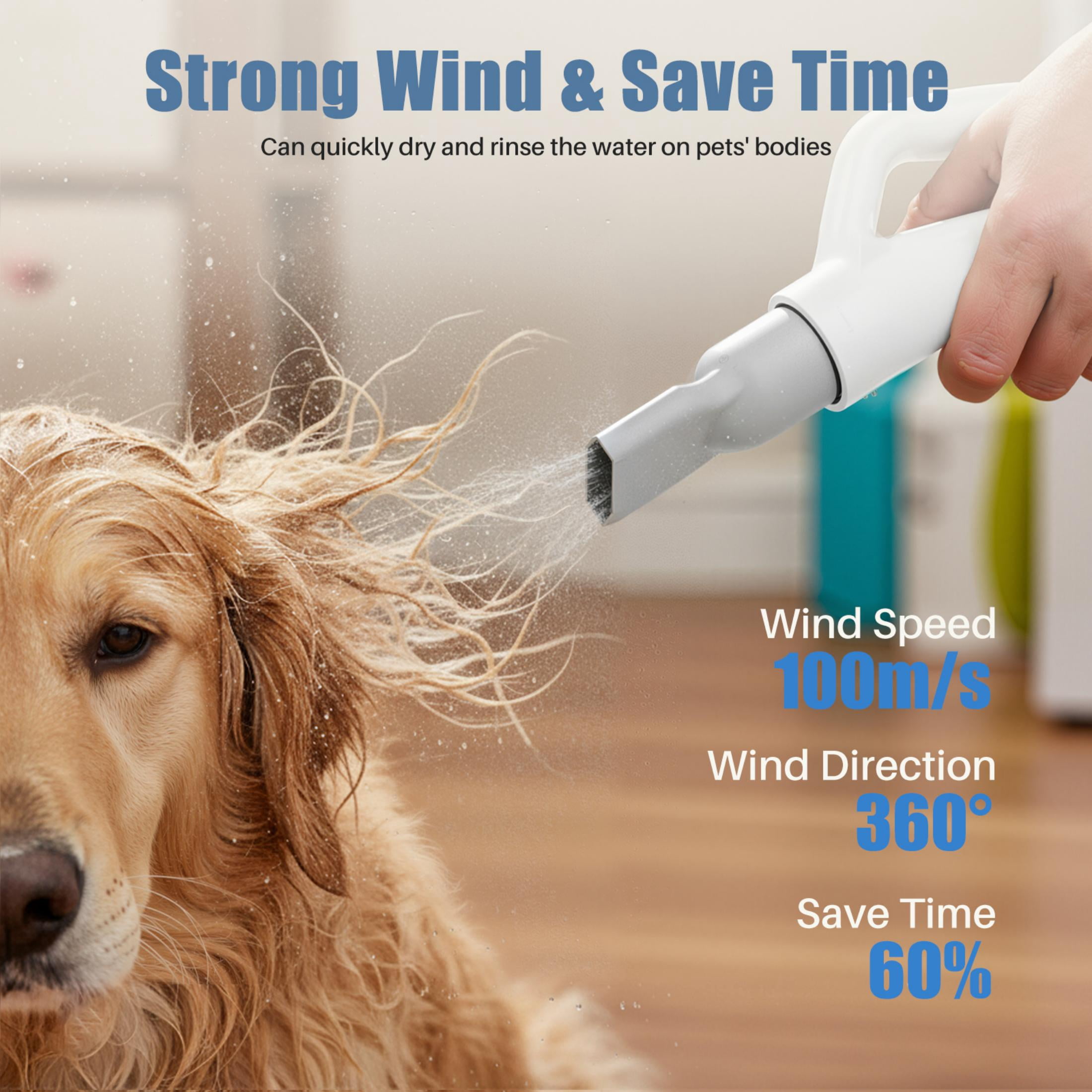 EDX Dog Blower Pet Hair Dryer with Adjustable Wind Speed & Heater Temperature, High Velocity Large Dog Hair Grooming Blower, 4 Nozzles, 6.5ft Cord for Dog Hair Force Blower, White