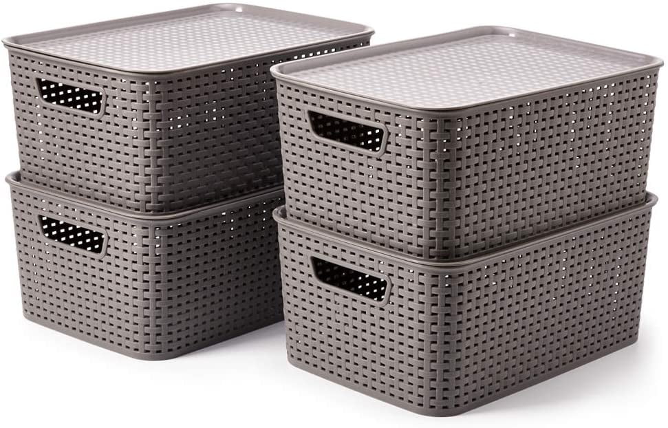 EZOWare Large Plastic Baskets with Lid, Stackable Lidded Knit Household