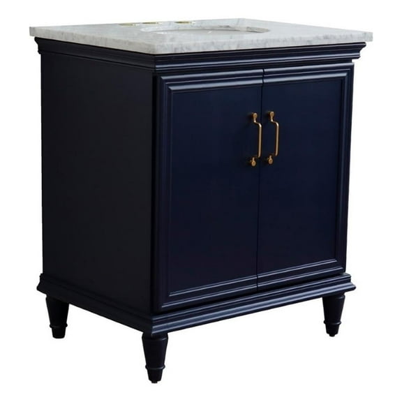 31 in. Single Wooden Vanity Blue with White Carrara Oval Sink
